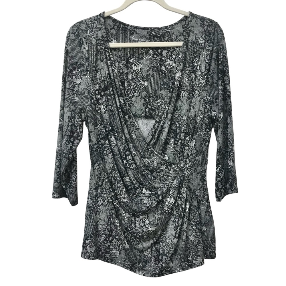 Lane Bryant 14/16 1X Black White Lace look Wrap Crossover Top Shirt blouse